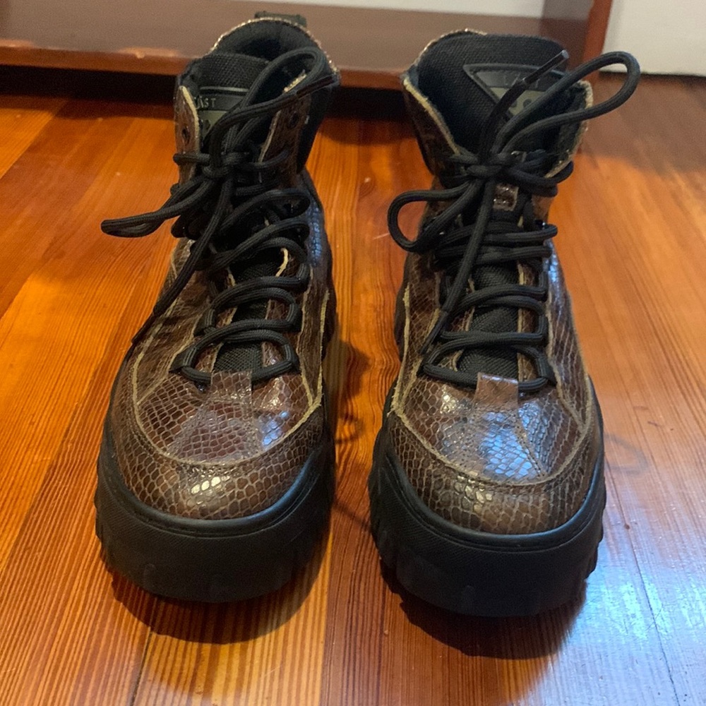 Brown snakeskin hiking boots